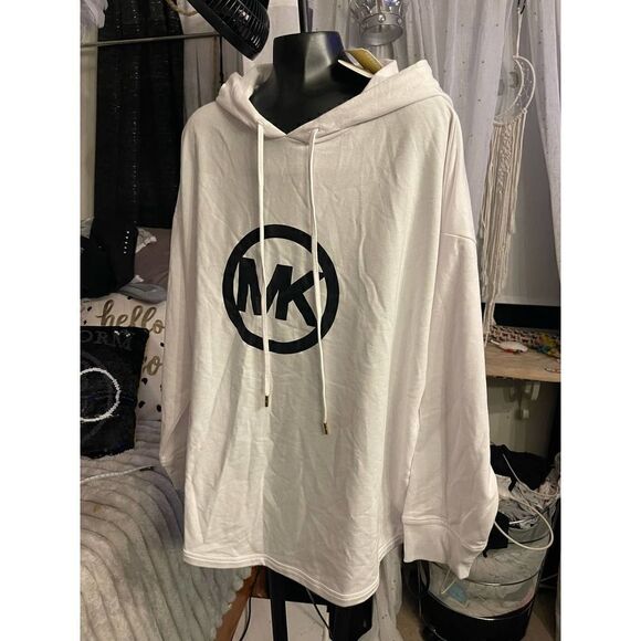 MK Michael kors black/white logo plus size hooded top shirt - Picture 2 of 6